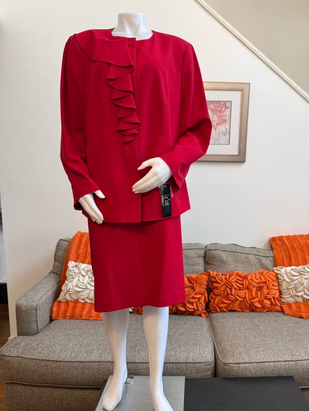 ❣️🆕Le Suit Cherry Red Cascade Ruffle Skirt Suit Set Plus Size $265 MSRP❣️ - Picture 2 of 12